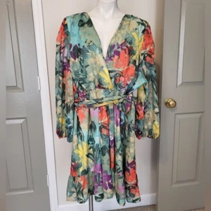 Alex Marie Floral Printed Burnout V-Neck Long Sleeve Tropical Ruffles Dress(24) - Picture 1 of 13
