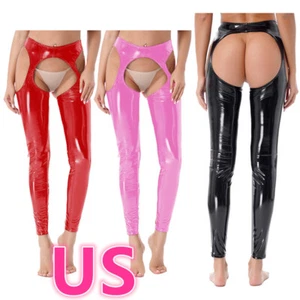 Damen Wetlook Leder Open Butt Schrittfrei Strumpfhose Hose Lange Hose Club - Bild 1 von 45