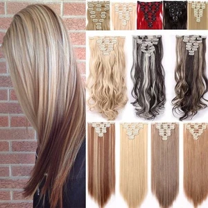100% Natural Thick Clip in Hair Extensions 8 Pieces Full Head Long As Human Hair - Picture 1 of 46
