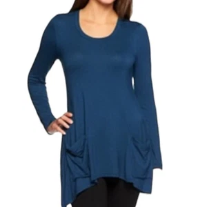 Logo Lori Goldstein Tunic Top XXS Jersey Asymmetric Knit Teal Flowy Lagenlook - Picture 1 of 19
