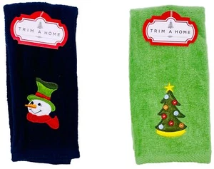 HOLIDAY Fingertip Towels SET of 2 Navy Blue Snowman + Green Christmas Tree NEW - Picture 1 of 4