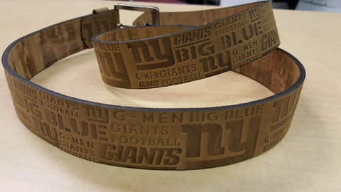 New York Giants Crazy Horse Embossed Slogan Mens Leather Belt Brown Tan NFL 32 Cover