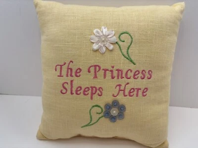 Girls/Teens Throw Pillow  “The Princess Sleeps Here” Embroidered 10”x10” Yellow - Image 1 of 4