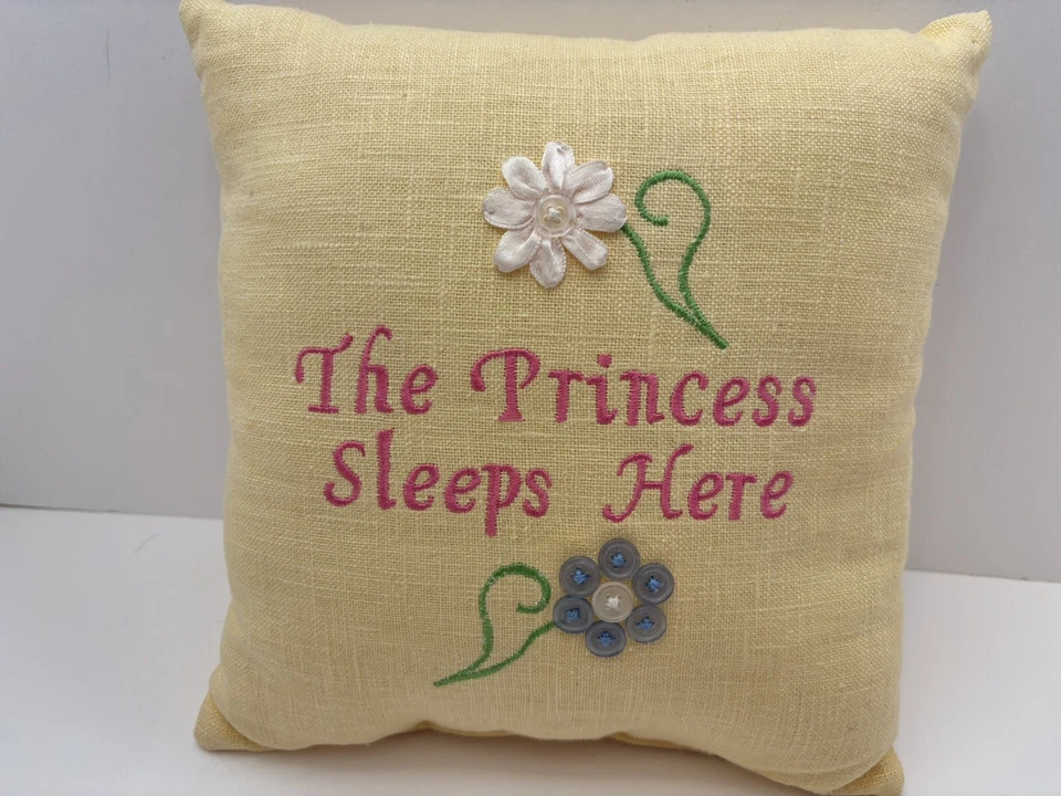 Girls/Teens Throw Pillow  “The Princess Sleeps Here” Embroidered 10”x10” Yellow - Image 1 of 4