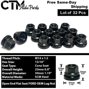 32x Ford OEM Factory Black 14x1.5 Flat Seat Open Lug Nut F250 F350 Super Duty - Picture 1 of 3