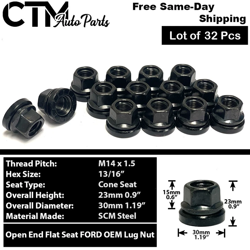 32x Ford OEM Factory Black 14x1.5 Flat Seat Open Lug Nut F250 F350 Super Duty - Image 1 of 3