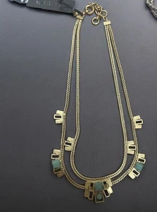 J Crew Green Jade  Double Strand Statement Necklace 16” Matte Gold Necklace 60 - Picture 1 of 14