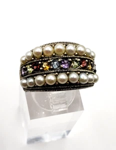 Vintage GSJ Gold Stein Jewelry Co NY Perle & Multi Edelstein Cocktail Ring - Bild 1 von 19