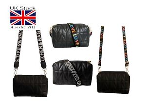 Ladies Black Cross Body Bag Quilted Shoulder Bag Decorative Guitar Style Strap