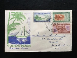 TOKELAU 1948 Pictorials FDC diseño ilustrado de yate y palmeras (PI 1#7) - Imagen 1 de 1