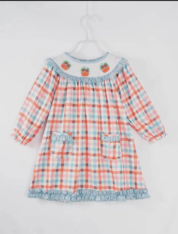 Blue Orange Plaid Pumpkin Girl Smocked Dress  5 6 Years - Image 1 of 1