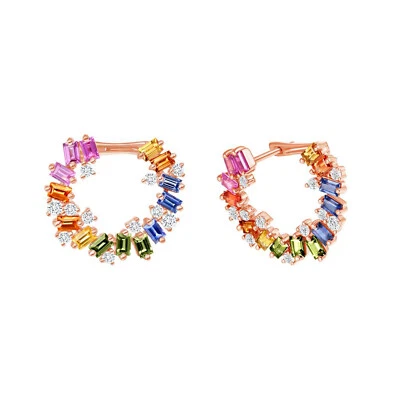 2.70 CT Multi Color Sapphire 0.50 CT Diamonds 14K Rose Gold Hoop Earrings - Image 1 of 4