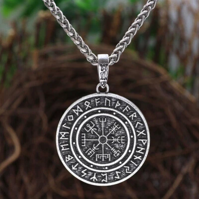 Mens Viking Pirate Compass Pendant Necklace Amulet vegvisir Odin Steel Chain - Image 1 of 4