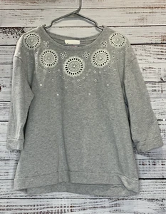 Vince Camuto Turo Shirt Women L Gray 3/4 Sleeve Embroidered Sweatshirt - Picture 1 of 10