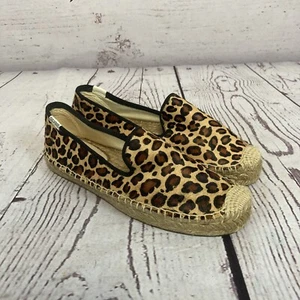 Soludos Loafer Womens 7 Leather Calf Hair Leopard Print Espadrille Flats Slip On - Picture 1 of 9