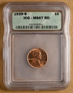 1939 S Lincoln Wheat Penny ICG MS67RD - Picture 1 of 4