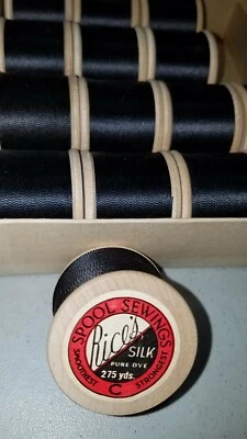 ONE 275-YDS.SPOOL/BLACK/SIZE C/RICE'S PURE DYE SILK SEWING THREAD/VTG.1950's USA - Image 1 of 4