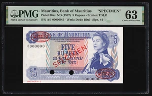 Mauritius 1967 - 5 Rupees P#30as **Specimen 000000** PMG Choice UNC 63 - Picture 1 of 2