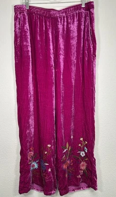 Pantalones Johnny Was Rosa Frambuesa Ulla Terciopelo Floral Bordado Pierna Ancha Grandes Nuevos con Etiquetas Foto 1 de 4