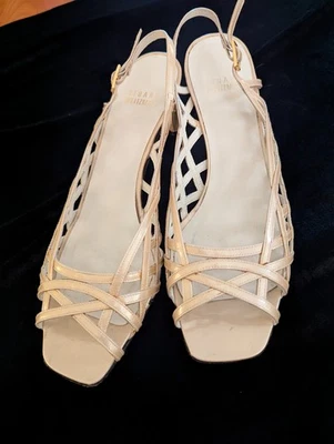 Classy STUART WEITZ strappy   gold heels size 8.5  2 1/2 in" heel  Made in Spain - Image 1 of 4