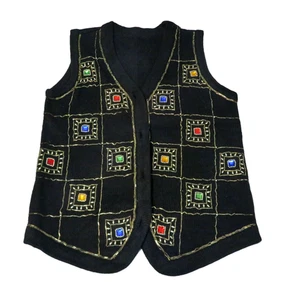 Vintage Knit Black Vest Beads & Gemstones - No Size - See Measurements - SM-MED? - Picture 1 of 11
