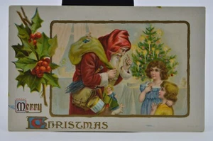 Antike Weihnachts Postkarte - Weihnachtsmann liefert Geschenke an Kinder - Bild 1 von 2