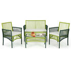 4PCS Patio Round Wicker Conversation Set W/Cushions Tempered Glass Side Table