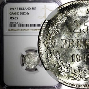 Finland Nicholas II 1917 S 25 Pennia NGC MS65 Grand Duchy KM# 6.2 (1) - Picture 1 of 5