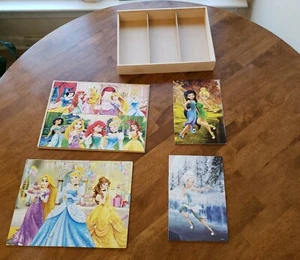 4 Puzzles In A Wooden Box Disney Princesses 2 sizes - Picture 1 of 9