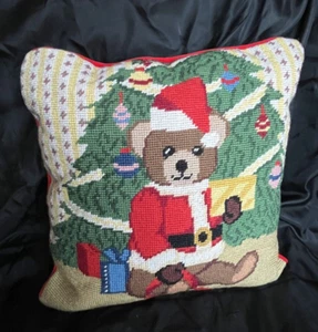 Christmas Teddy Bear Santa Pillow Needlepoint Throw Pillow Imperial Elegance 14" - Picture 1 of 10