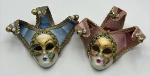 Pair of His Her Mask Mardi Gras Carnival Venice Headdress Ceramic Face 6" x 6" - Picture 1 of 10