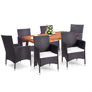 Outdoor Dining Set Wood Table 6 PE Chair Patio Garden Backyard w/Umbrella Hole - Picture 1 of 6