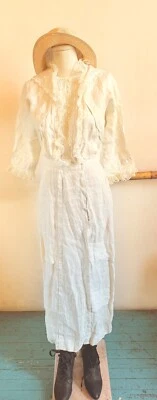 Antiguo Vestido Eduardiano Blanco Vintage Lino Encaje Boda Té Césped Jardín Fiesta Foto 1 de 4