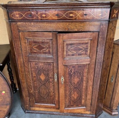 Antique Oak Inlay Hanging Corner Cupboard - Image 1 of 4