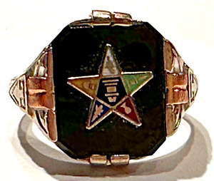 Vintage Eastern Star Ring, Marked 10K; Black Stone w Enameled Star;