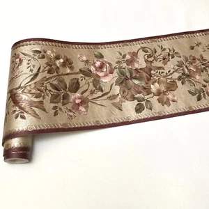 Red Burgundy Floral Grape Bird Silk Reflective Gold Textured Wallpaper Border - Picture 1 of 10