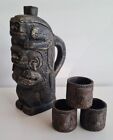 Aztec Mayan Tiki Totem Style Clay Jug & Cups Novelty Bottle Handle
