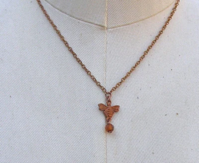 Honey Bee Bumble Bee Rose Gold Color Amber Glass Bead Drop Necklace Petite - Image 1 of 4