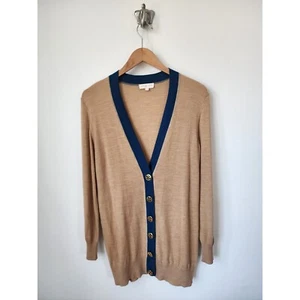 Tory Burch Simone tan blue trim merino wool knit cardigan S - Picture 1 of 8