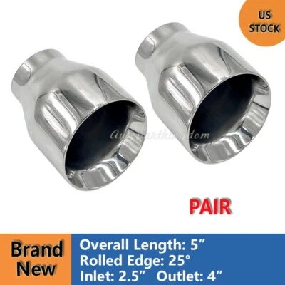 Pair Stainless Steel Exhaust Tip Duo Layer Angle 25° 2.5" Inlet 4" Outlet 5" OL Foto 1 de 4