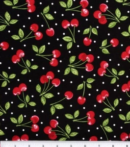 Feline Drive Fabric CHERRIES & DOTS Black JoAnn - Fat Quarter (18"x22") FQ - Picture 1 of 8