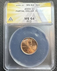 2000 Lincoln Memorial 1c Cent Mint Error Partial Collar Indent ANACS MS64 Red - Picture 1 of 4