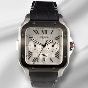 Cartier Santos XL Chronograph 44mm Mens Silver Roman Leather Steel Watch 4183 - Picture 1 of 10