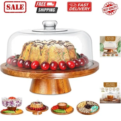 Acacia Wood Cake Stand with Lid, Cake Plate, 6 in 1 Multi-Functional Serving ... - Image 1 of 4