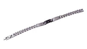 STAINLESS STEEL CURB LINK BLACK & WHITE ID BRACELET, ADJUSTABLE SIZE 8.5" - 9" - Picture 1 of 2