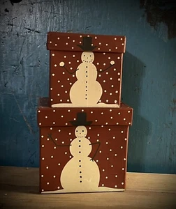 Grubby Primitive Nesting Stacking Pantry Box Redware Snowman Set Paper Mache - Picture 1 of 23