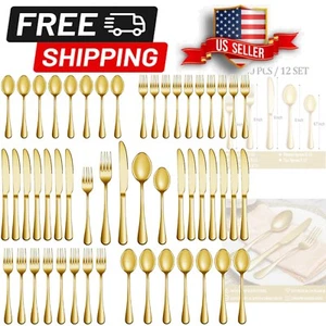 60-Piece Gold Stainless Steel Flatware Set for 12 - Elegant Dining Experience - Picture 1 of 9