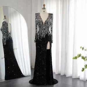 Luxury Dubai Evening Dresses V-Neck Long Sleeves Arabic Women Formal Party Gowns - Picture 1 of 15