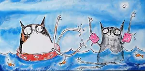Black Cat Painting Original Beach Fish Calico Seascape Folk Art Samantha McLean - Picture 1 of 5