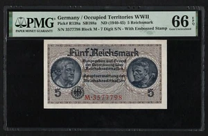 GERMANY 5 REICHSMARK 1940 - 1945 PICK: R138a PMG - 66, SERIES - M, UNC - Picture 1 of 2